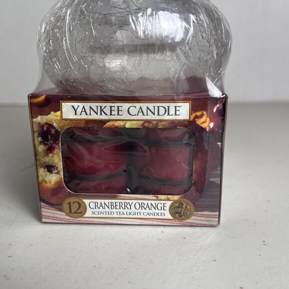 Yankee Candle Cranberry Orange Scent 12 Tea Lights Crackle Glass Jar Retired NEW - Picture 3 of 11